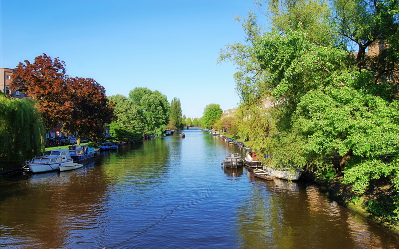 View of the Amstelkanaal in Amsterdam featuring leafy trees along the banks and boats moored in the canal